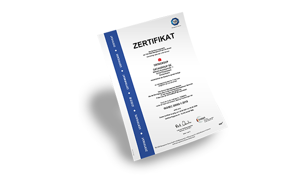 Zertifikat über Informationssicherheit von DATAGROUP, das die Einhaltung anerkannter IT-Sicherheitsstandards bestätigt