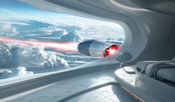 Blick aus futuristischem Raumschifffenster auf Triebwerk über den Wolken mit rotem CORBOX-Kern – Symbol für CORBOX Cloud und grenzenlose Skalierbarkeit