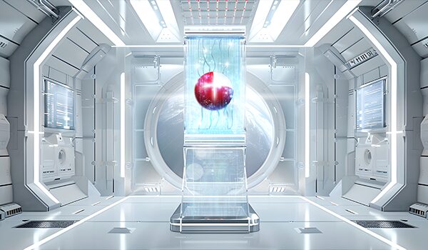 Futuristische Darstellung eines schwebenden roten Kerns in einem Hightech-Labor – Symbol für CORBOX Intelligence, die intelligente Steuerung und Automatisierung von IT-Services