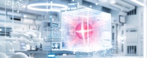 Futuristische afbeelding van een lichtgevende kubus met een rode kern in een hightech-omgeving – symbool voor de prestaties en veiligheid van de IT-diensten van DATAGROUP CORBOX