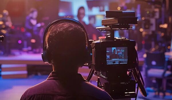 Person mit Kopfhörern, die eine Studiokamera bedient, mit einem Monitor, auf dem eine Aufführung oder ein Interview unter lebhafter professioneller Beleuchtung zu sehen ist.